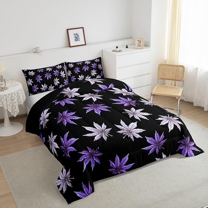 Erosebridal Purple Leaves Comforter Set Twin, Leaves Bedding for Kids Teens Adult,Tropical Botanical Down Comforter,Exotic Plant Bedding Comforter Sets,Lightweight