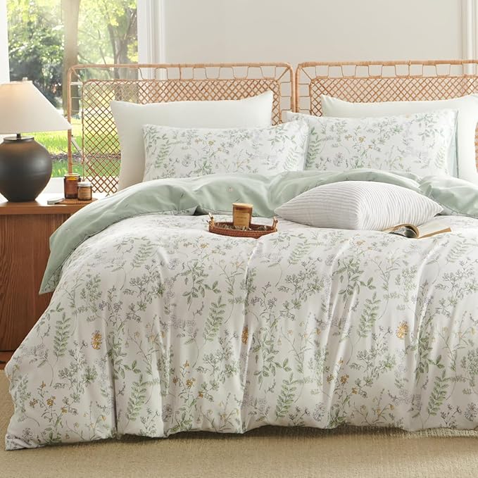 Botanical Comforter Set Queen Sage Green Reversible Floral Bedding Set Farmhouse Leaf Bedding 3Pcs Modern Aesthetic Comforter with 2 Pillowcases Ultra Soft Breathable