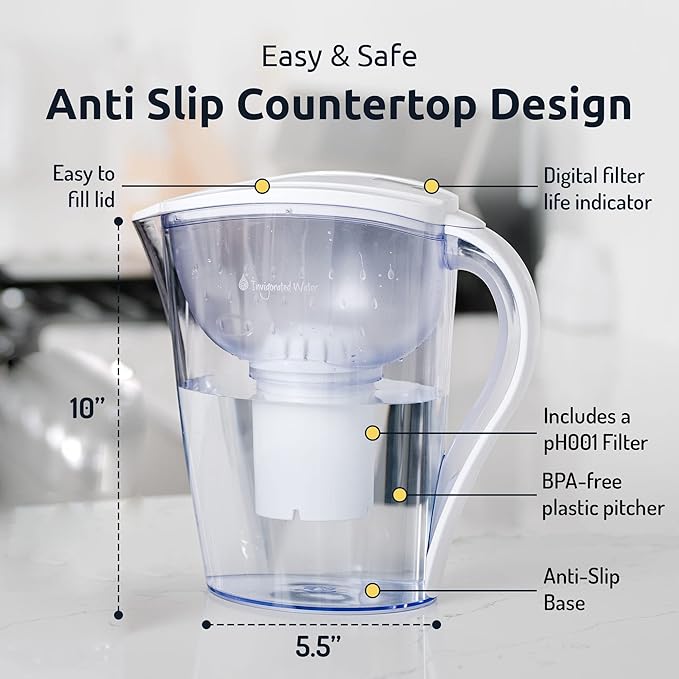 Invigorated Water Filter Pitcher with 1 Alkaline Filter – BPA-Free High pH Purifier, 14-Cup Capacity with SmartLight Filter Change Indicator, (96 Gallon) Long Filter Life