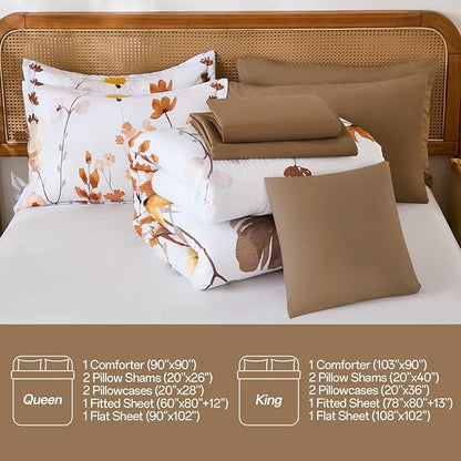 Anibedding 8Pieces King Size Comforter Set, Khaki Watercolor Floral Queen Size Bed in a Bag Comforter Set with Pillowcase, Sheets for All Season