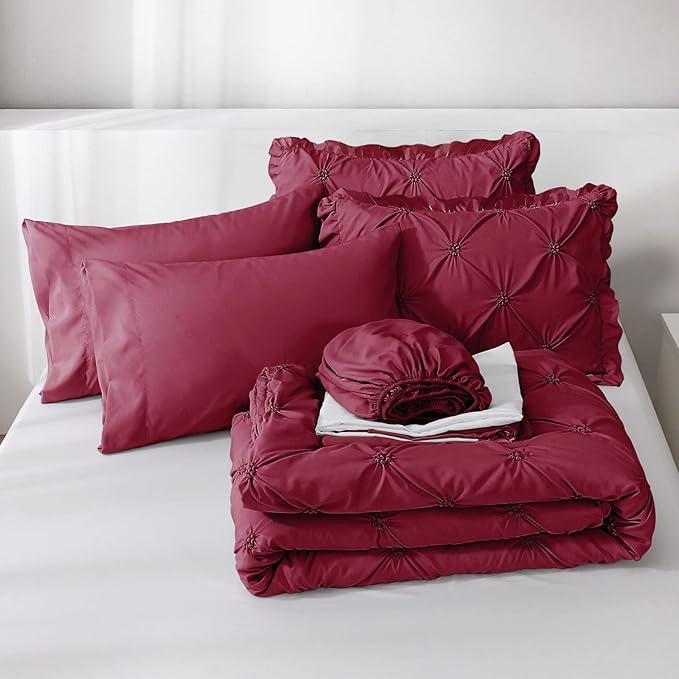 JOLLYVOGUE Dark Red Cal King Size Comforter Sets 7 Pieces, Pintuck Bed in a Bag Comforter Set for Bedroom, Bedding Comforter Sets with Comforter, Sheets,Ruffled Shams & Pillowcases