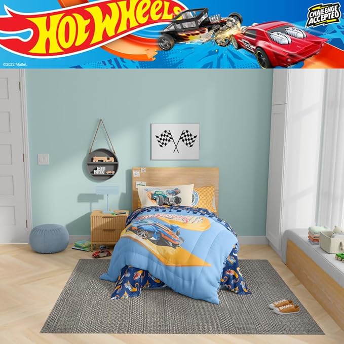 Hot Wheels Race Track 4 Piece Toddler Bed Set – Super Soft & Cozy Reversible Microfiber Comforter and Sheets (Officially Licensed Product) by Franco