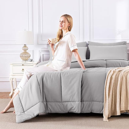 CozyLux King Size Comforter Set French Grey, 7 Pieces Bed in a Bag, Grey Comforter King Size, All Season Bedding Sets with Stitch Quilted Comforter, Flat Sheet, Fitted Sheet, Pillowcases