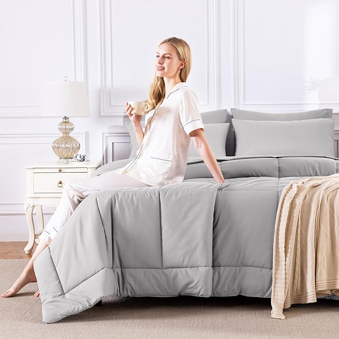 CozyLux Queen Size Comforter Sets French Grey, 7 Pieces Bed in a Bag, Grey Comforter Queen Size, All Season Bedding Sets with Stitch Quilted Comforter, Flat Sheet, Fitted Sheet, Pillowcases