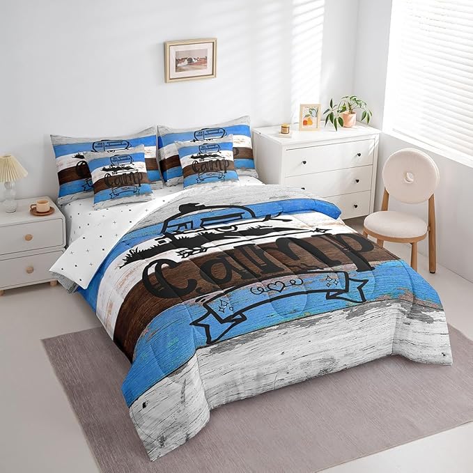 Erosebridal King 7Pcs Happy Camping Comforter Set Bed in a Bag Rv Camper Rules Comforter Set with Wooden Style Sheets(1 Comforter, 1 Flat Sheet 1 Fitted Sheet 2 Pillowcases and 2 Throw Pillow Covers)