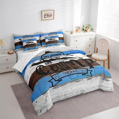 Erosebridal King 7Pcs Happy Camping Comforter Set Bed in a Bag Rv Camper Rules Comforter Set with Wooden Style Sheets(1 Comforter, 1 Flat Sheet 1 Fitted Sheet 2 Pillowcases and 2 Throw Pillow Covers)