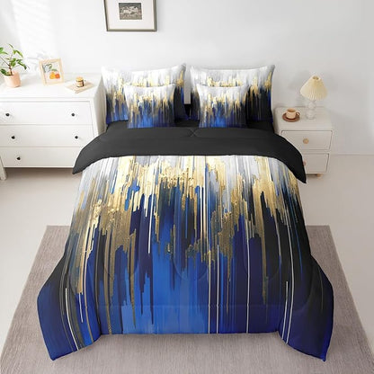 Navy Bed in a Bag 7-Piece Graffiti Ombre Bedding Set, Brush Strokes Oil Painting King Size Comforter Set Modern Contemporary Bedding Comforter Sets, Gold Metallic Abstract Gradient Bed Set
