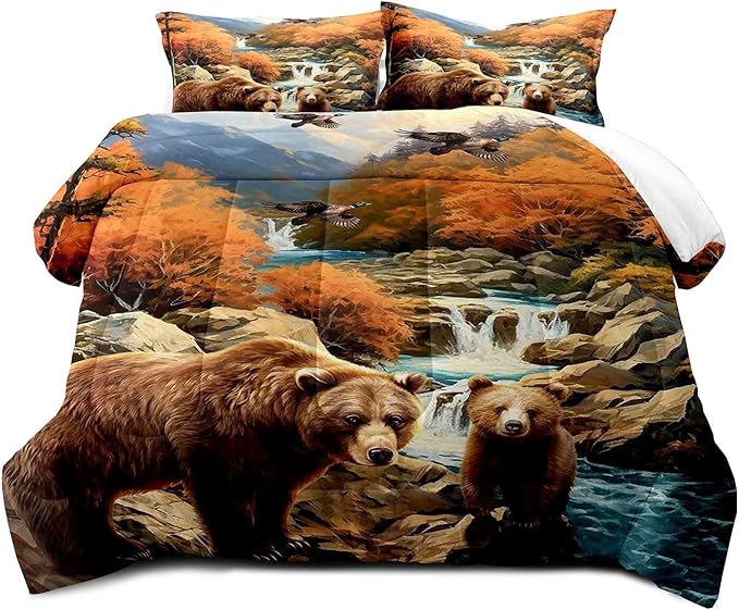 LUVIVIHOME 2PCS Bear Comforter Set Twin Size, Mallard Duck Mountain Autumn Forest Woodland Animal Wildlife Country Lodge Rustic Farmhouse Cabin Bedding Sets for Kids Boys Girls, 1 Pillow Sham