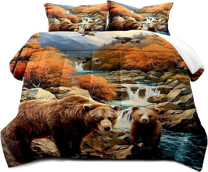 LUVIVIHOME 2PCS Bear Comforter Set Twin Size, Mallard Duck Mountain Autumn Forest Woodland Animal Wildlife Country Lodge Rustic Farmhouse Cabin Bedding Sets for Kids Boys Girls, 1 Pillow Sham
