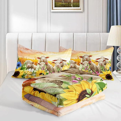 HOSIMA Farm Animal Themed Bedding Set,Yellow Sunflower Floral Comforter Full Size for Girls Kids Women Bedroom Decor,Cute Sheep Bedding Set Full Size,Bed Set for Girls with 2 Pillowcases.