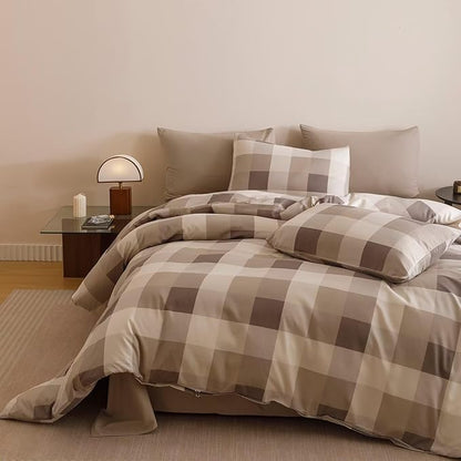 Cottonight Checkered Khaki Comforter Set Queen Men Gingham Grid Bedding Set Khaki and Cream Coffee Grid Comforter Fluffy Soft Blanket Quilts Modern Cottagecore Comforter for Queen Bed