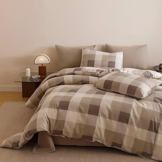 Cottonight Checkered Khaki Comforter Set Full Gingham Grid Bedding Set Khaki and Cream Coffee Grid Comforter Fluffy Soft Bedding Set Kids Teens Full Comforter with 2 Pillowcases