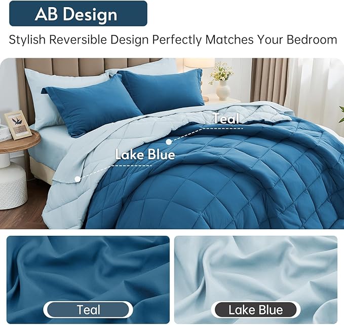 MUXHOMO 5 Pieces Twin Comforter Set, Reversible Bed in a Bag Twin Size, All Season Bedding Set with Comforter, Flat Sheet, Fitted Sheet, Pillowcases & Shams, Teal & Lake Blue