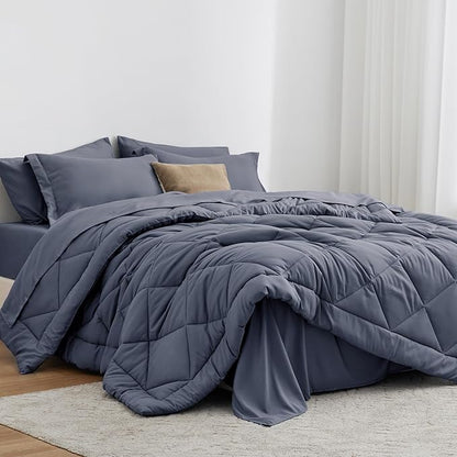 Love's cabin King Size Comforter Set Navy Blue, 7 Pieces King Bed in a Bag, All Season Bedding Sets with 1 Comforter, 1 Flat Sheet, 1 Fitted Sheet, 2 Pillowcase and 2 Pillow Sham