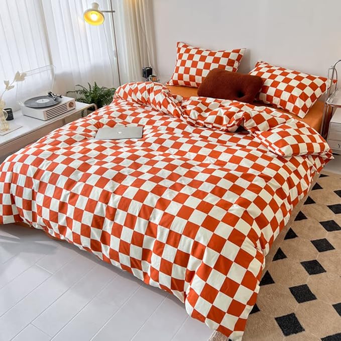 CLOTHKNOW Orange Plaid Queen Comforter Set Grid Bedding Comforter Sets Soft Checker Queen Comforter Burnt Orange Queen Size Comforter Sets