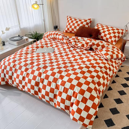 CLOTHKNOW Orange Plaid Queen Comforter Set Grid Bedding Comforter Sets Soft Checker Queen Comforter Burnt Orange Queen Size Comforter Sets