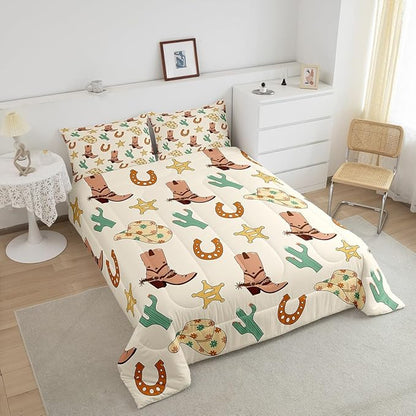Feelyou Western Decor Bedding Set Toddler Size Wild Western Cowboy Comforter Set for Kids Boys Girls Decor Cowboy Boots Cowboy Hat Horseshoe Cactus Comforter Yellow Duvet Set