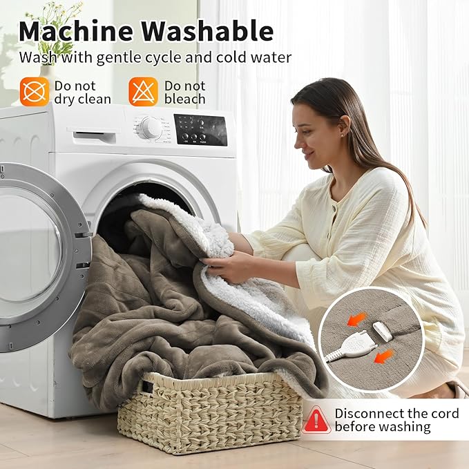 Heated Electric Blankets - Soft Flannel Heating Throw Electric Blanket with 6 Heat Settings King Size 100" × 90" Taupe - Velvet & Sherpa
