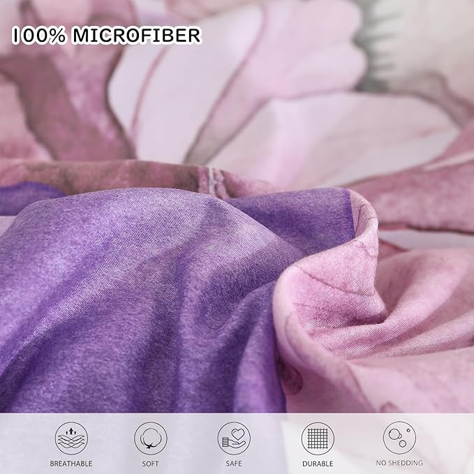 Yogeneg King Size Comforter Set 7 Piece Bed in a Bag,Elegant Floral Botanical Pattern Purple Bedding Set,Soft Microfiber Comforter with Sheet Set,All Season Bed Set(Purple Floral,King)