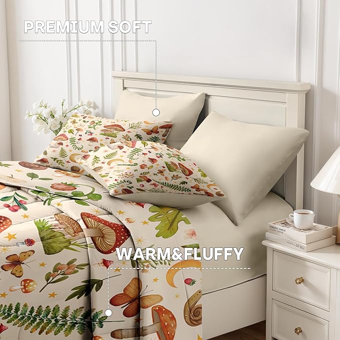 Nesker 7 Pcs Spring Comforter Set Queen Size, Mushroom Fern Bedding Set for Kids and Adults, Butterfly Leaf Bed Sheet Sets with Fitted Sheet 2 Pillowcases & 2 Shams
