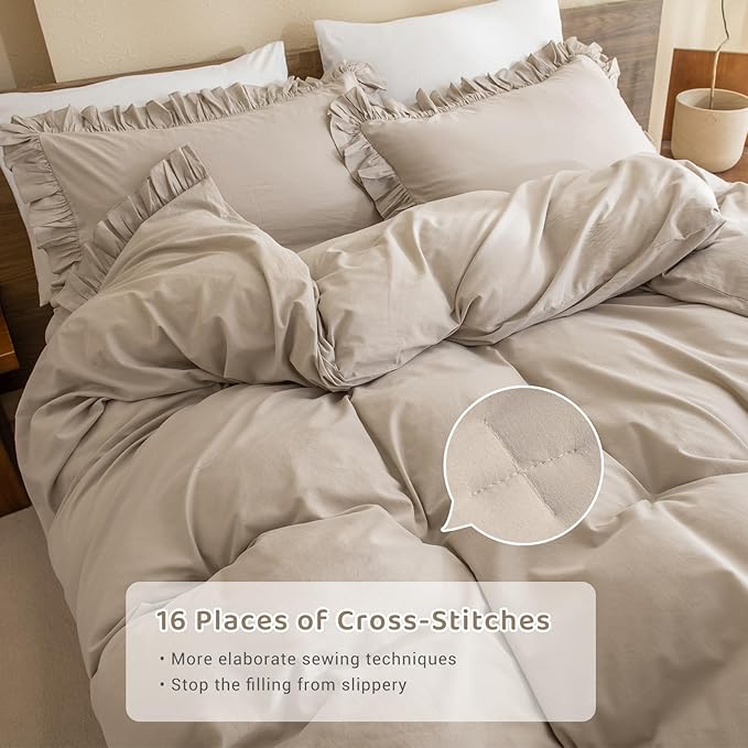 Sanracie Queen Comforter Sets, Cotton Ruffled Boho Comforter Set Queen 3 Pieces Linen Feel Farmhouse Vintage Shabby Boho Chic Bedding Soft Lightweight Bed Set for All Season