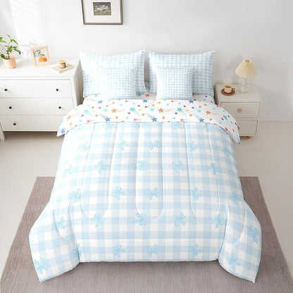 Feelyou Blue Bow Comforter Set with Sheets King Size Kids Bowknot Pliad 7 Pieces Bedding Set for Boys Girls Teens Gift for Girls Women Grid Bed in a Bag Breathable Princess Décor Bed Set