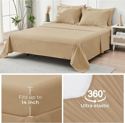 HYMOKEGE Khaki California King Comforter Set Seersucker 7 Pieces, All Season Luxury Bed in a Bag for Bedroom, Bedding Set with Comforter, Sheets, Pillowcases & Shams