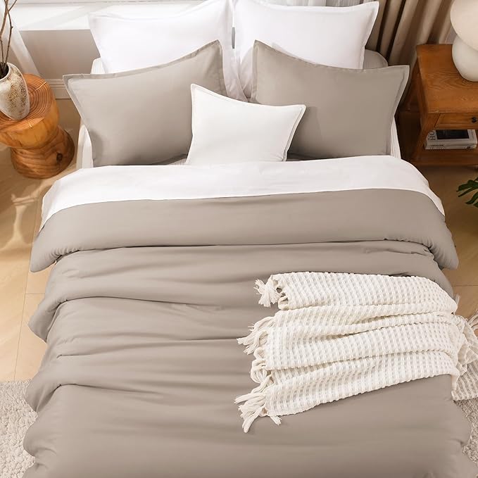 Litanika Light Coffee Comforter Set Queen Size, 3 Pieces Lightweight Solid Bedding Comforter Set, All Season Fluffy Bed Set