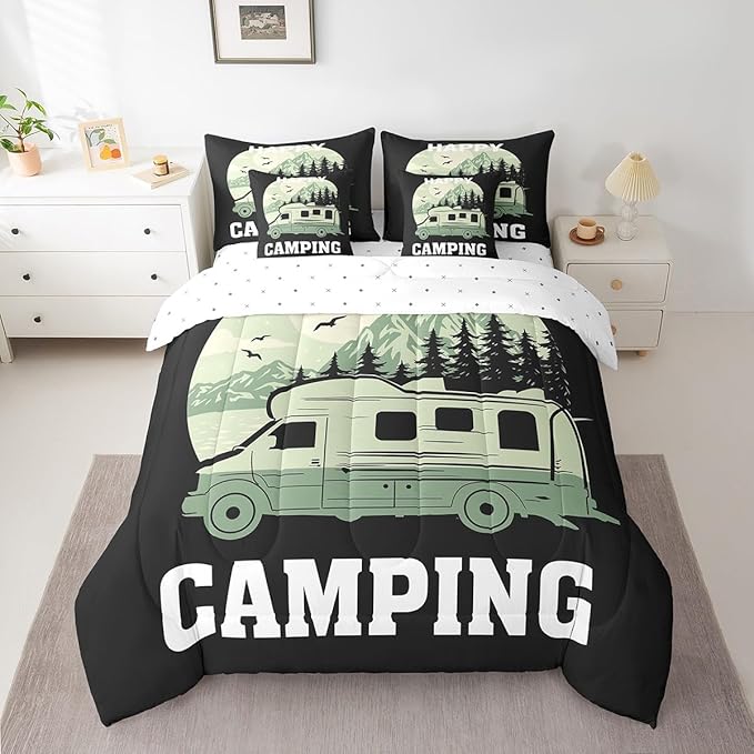 Erosebridal 7Pcs Comforter Set Full Size, Happy Camping Comforter Sets Bed in a Bag with Flat Sheet and Fitted Sheet for Kids and Adults, Rv Camper Bedding Set with Pillowcases & Throw Pillow Covers