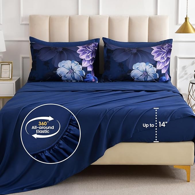 WONGS BEDDING Floral Comforter Set King Size, 7 Pieces Purple Bed in a Bag Comforter Bedding Set, Soft Microfiber for All Season with Pillowcases & Shams,Sheets(90"×104")