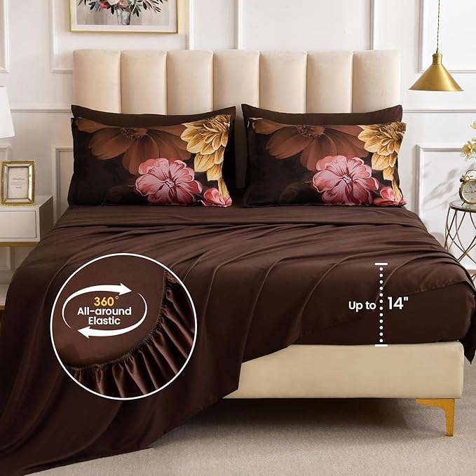 WONGS BEDDING 7 Pieces Comforter Set King Size, Floral Botanical Bed in a Bag Brown Flower Bedding Set, Soft Microfiber for All Season with Pillowcases & Shams,Sheets(90"×104")