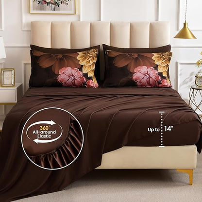 WONGS BEDDING 7 Pieces Comforter Set King Size, Floral Botanical Bed in a Bag Brown Flower Bedding Set, Soft Microfiber for All Season with Pillowcases & Shams,Sheets(90"×104")