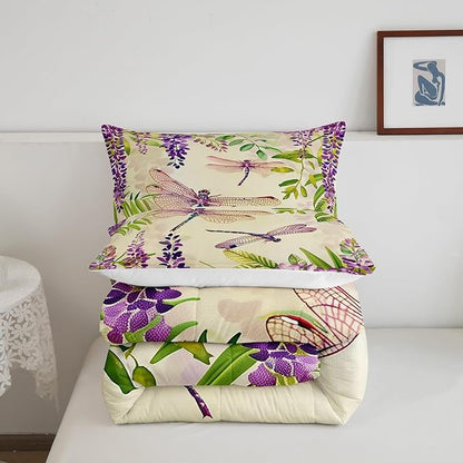 Erosebridal Spring Flowers Down Comforter Wisteria Dragonfly Bedding Set King Rustic Farmhouse Purple Floral Dragonflies Comforter Set for Women Girls Green Watercolor Botanical Leaf Quilt Duvet