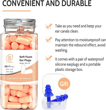 LYSIAN Flesh Color Foam Ear Plugs for Sleeping - 60 Pairs 38dB SNR Noise Reduction Earplugs with Reusable Silicone Earplug Ultra Soft Hearing Protection for Snoring, Work, Shooting and All Loud Events