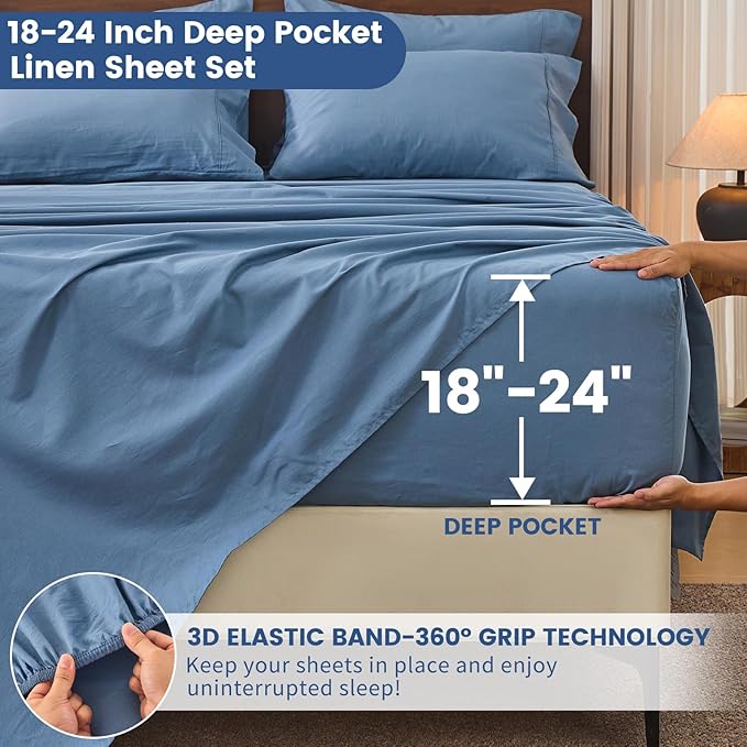 Bedlifes 100% French Linen Sheets Queen Size 18-24" Extra Deep Pocket 4-Piece Set Breathable & Moisture-Wicking,Soft & Durable Sheets for Thick Mattresses(Flint Blue)