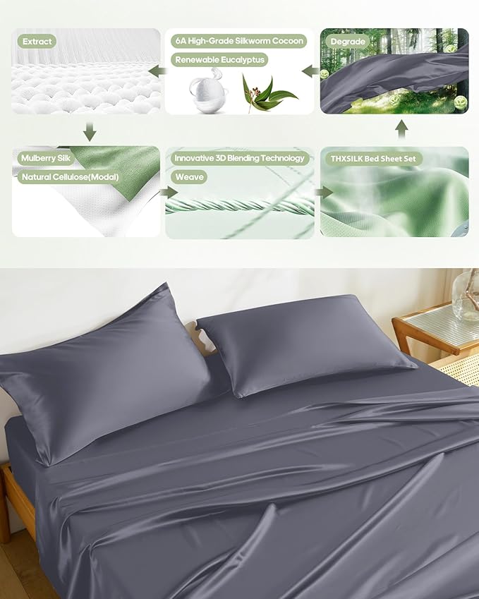 THXSILK Silk Sheet Set 3 Pcs, Twin XL Size Sheet Set, Soft Breathable Cooling Bed Sheets with 1 Flat Sheet, 1 Fitted Sheet, 1 Pillowcase with Zipper Closure, Blue Grey