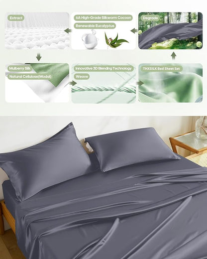 THXSILK Silk Sheet Set 3 Pcs, Twin XL Size Sheet Set, Soft Breathable Cooling Bed Sheets with 1 Flat Sheet, 1 Fitted Sheet, 1 Pillowcase with Zipper Closure, Blue Grey
