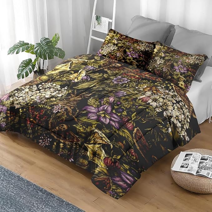 Comforter Set Full Size, Vintage Flower Plants Soft 3 Pcs Bedding for Kids and Adults, Skull Moth Witch Comforter Set with 2 Pillowcases, for Bedroom Bed Decor