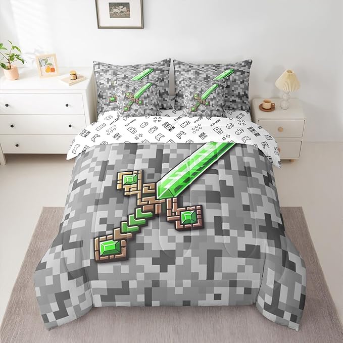 Castle Fairy Green Gemstone 7 Piece Comforter Set Queen Size,Green Brown Sword All Season Reversible Bed in a Bag Grey Pixel Bedding Sets Miner Theme Square Flat Sheet,Fitted Sheet,Pillowcases