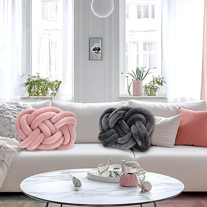 Sintuff Set of 2 Velvet Knot Pillow Ball 14 x 16 Inch Soft Decorative Knotted Throw Pillow for Christmas Thanksgiving Couch Home Sofa Bedroom Decor to Add Comfort and Style(Pink and Gray)