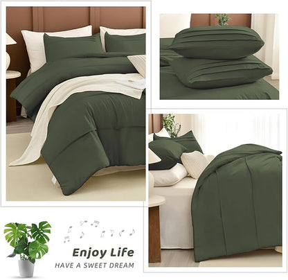 Sanracie King Comforter Set(106"x 95"), Cotton Olive Green Color Pinch Pleated Bedding Sets,3Pcs Lightweight Breathable Neutral Comforter Sets for All Season