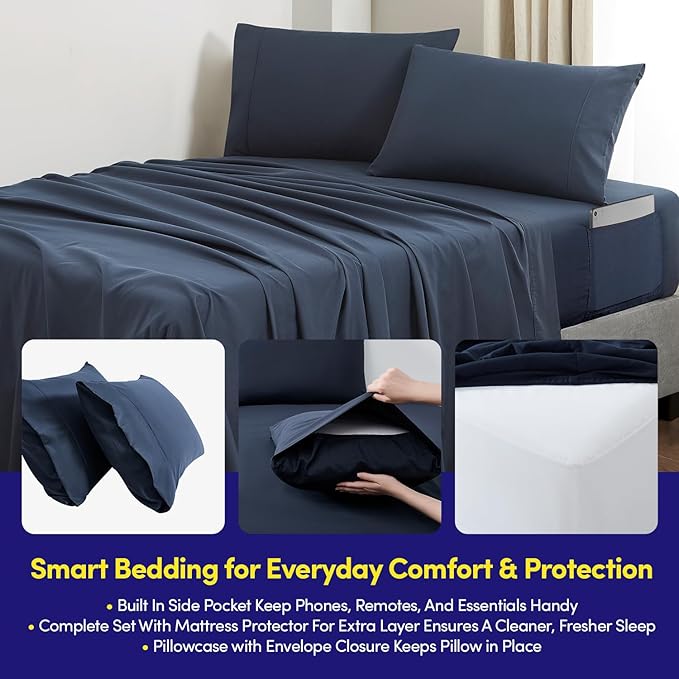 Queen Comforter Set Quilted Stripe Bedding Bundle – Comforter, Mattress Protector, Sheets with Pockets on The Side & Built-in Corner Strap – Fitted Sheet Media Pocket for Devices, Navy Blue