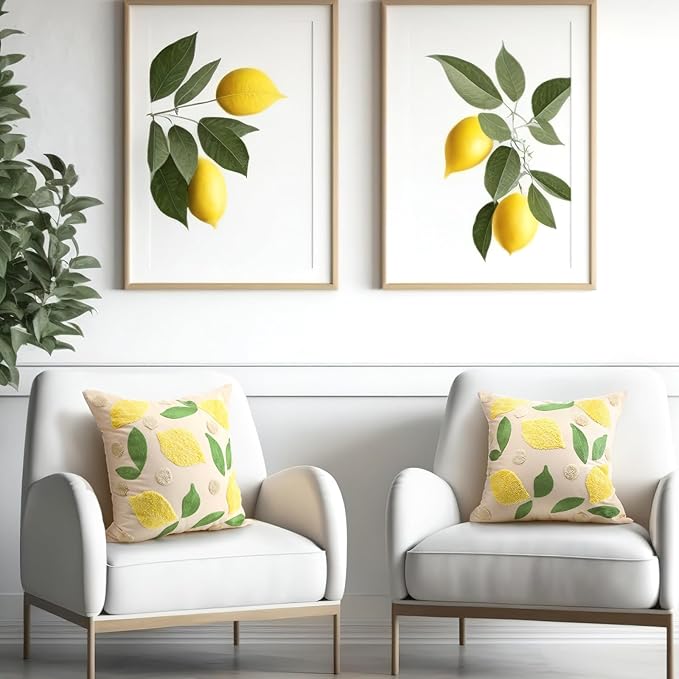 2 Pcs Lemon Embroidered Pillow Covers 18 x 18 Inch Summer Fruit Jacquard Decorative Pillow Covers, Green Leaf and Lemon Farmhouse Soft Plush Pillowcase for Sofa Bed