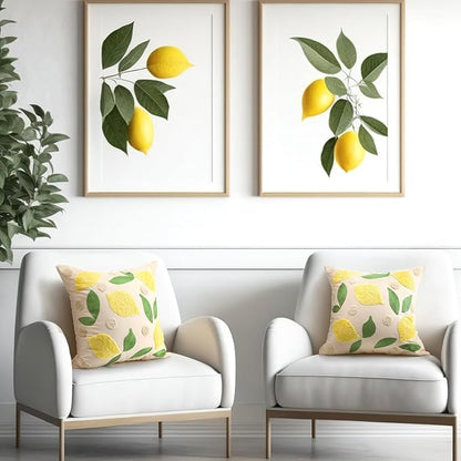 2 Pcs Lemon Embroidered Pillow Covers 18 x 18 Inch Summer Fruit Jacquard Decorative Pillow Covers, Green Leaf and Lemon Farmhouse Soft Plush Pillowcase for Sofa Bed
