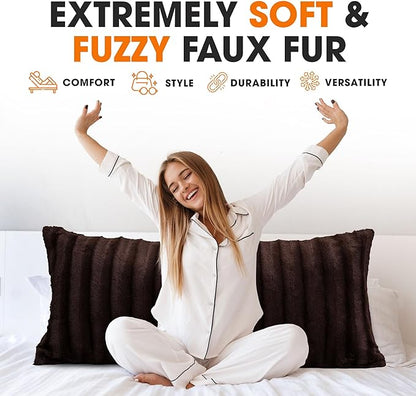 Cheer Collection Faux Fur Long Body Pillow - Accent Throw Pillow for Bed and Couch - Decorative Lumbar Pillow with Insert, Chocolate Brown (18" x 40")