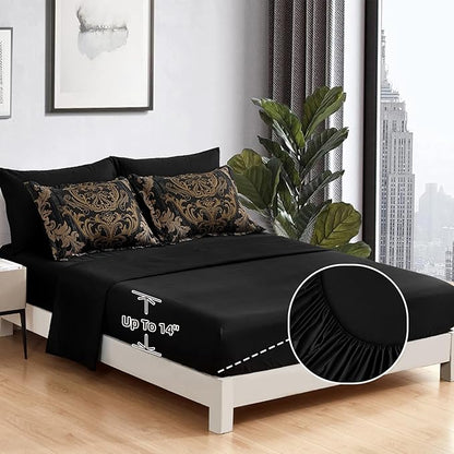 WONGS BEDDING Black Comforter Set King Size, Gold Damask Texture 7 Pieces Bed in a Bag Microfiber Comforter Bedding Sets -1 Comforter, 1 Flat Sheet, 1 Fitted Sheet, 2 Pillow Shams, 2 Pillowcases