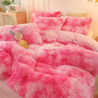 chovy Faux Fur Tie-Dyed Pink White Red Colorful Comforter Sets Queen - 3PC Bed Set Ultra Soft Plush Flannel Velvet Fluffy Fuzzy Bedding（Comforter x 1 Pillowcases x 2）