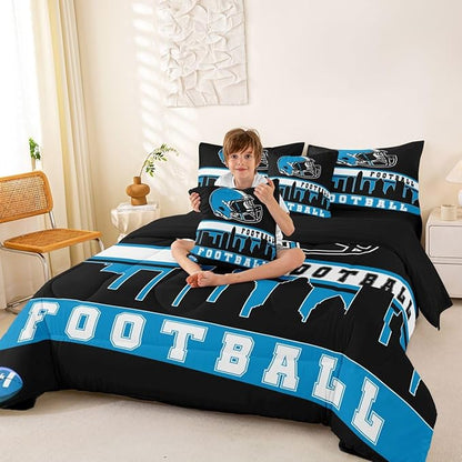 Erosebridal Football 7 Pcs Comforter Set King Football City Bedding for Teens Black Football Fans Sheet Set Bed in A Bag Rugby Game Bedroom Decor Sports Ball Competition Bed Set