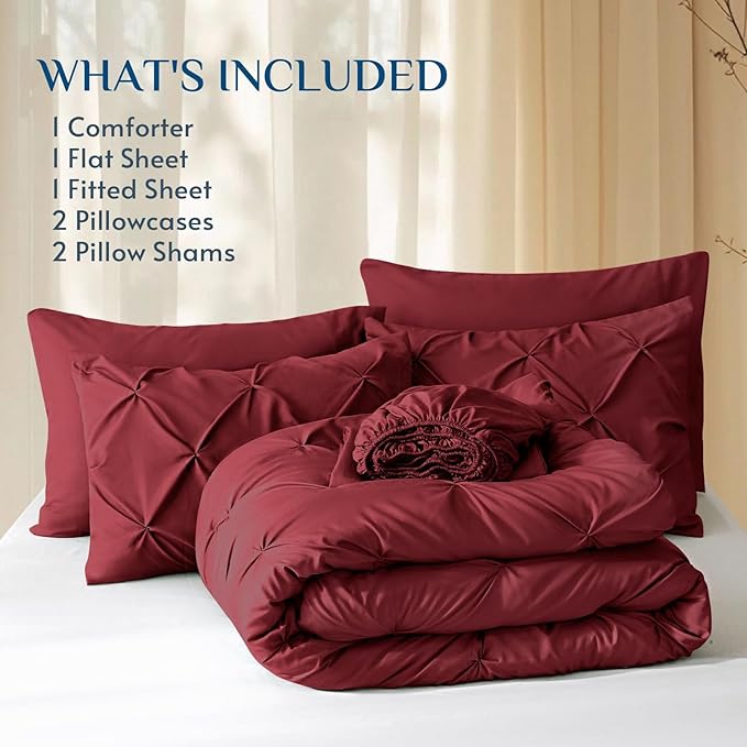 JOLLYVOGUE California King Comforter Set 7 Pieces - Bed in a Bag Cal King for All Season, Pintuck Bedding Comforter Sets with Comforter, Flat Sheet, Fitted Sheet and Pillowcases & Shams, Burgundy
