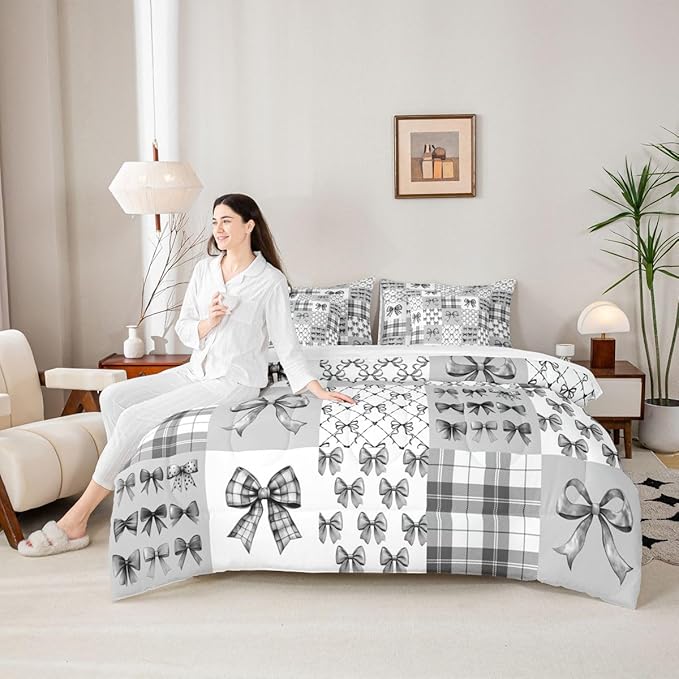 Feelyou Gray Bow Queen Comforter Set with Sheets for Kids Boys Girls Princess Bow 7 Pieces Bedding Set Cute Bowknot Bed in a Bag Kawaii Room Decor Soft Lightweight Microfiber